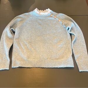 Women's Light Blue Crewneck Button-Shoulder Knit Sweater